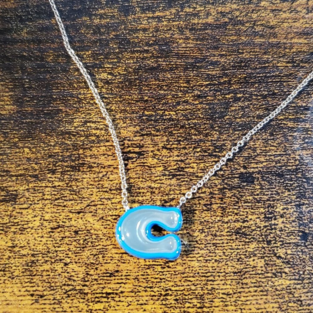 NEW! Coach Puffy Enamel Stone C Charm Pendant Necklace in Blue Multi